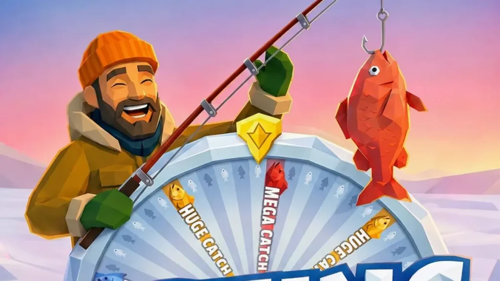 Pemandangan danau es musim dingin dengan roda keberuntungan di Fishing Time