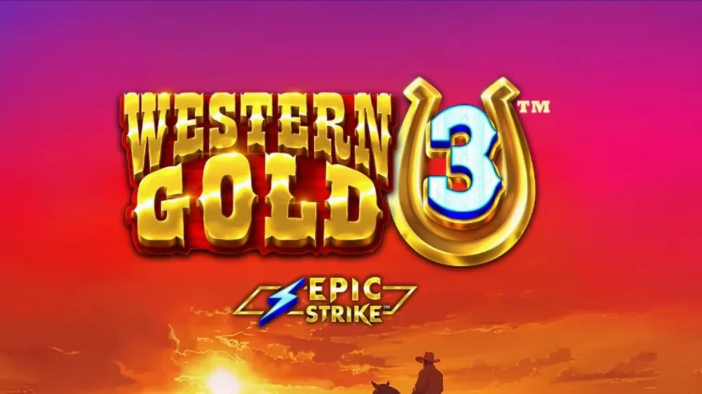 Tampilan visual slot Western Gold 3 dengan latar belakang ngarai dan simbol bertema koboi